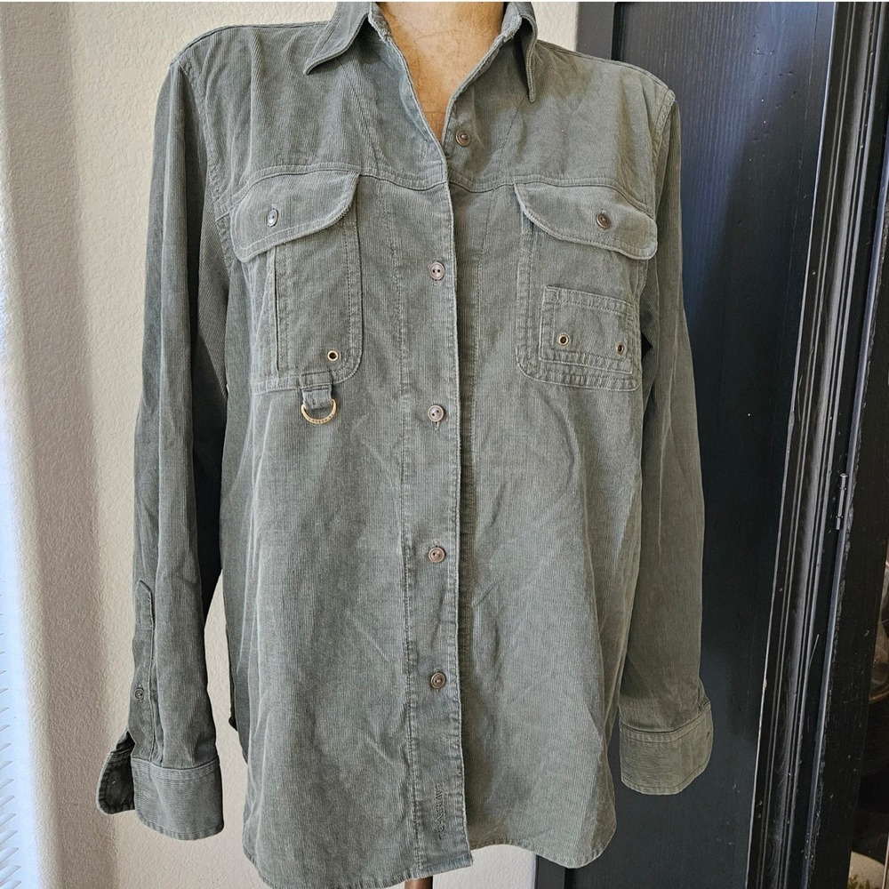 Lauren Ralph Lauren Corduroy Shirt Womens L Olive Utility Safari Cotton VTG